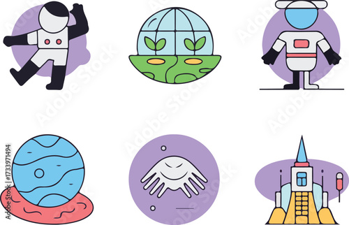 Colorful vector illustrations featuring astronauts alien planet greenhouse and space exploration elements