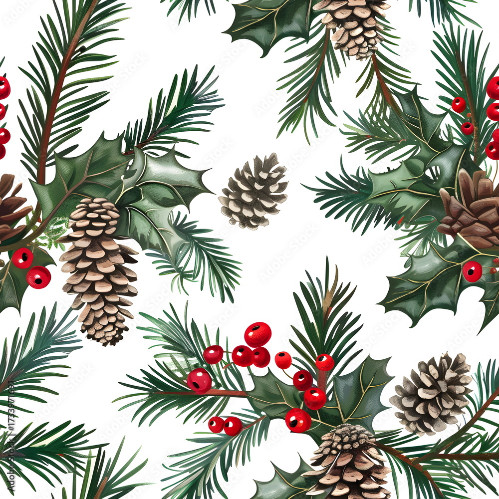 Fototapeta premium Seamless winter pattern with pine branches, cones, holly leaves and red berries, detailed realistic style on a white background, cozy festive Christmas mood, elegant seamless repeat, high resolution.