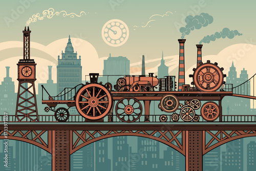 Featuring Steampunk Bridge With Steam Engines Bold Beautiful Professional Photo