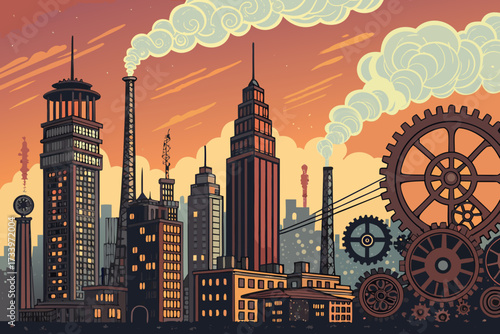 Beautiful Steampunk City Skyline With Smokestacks Bold Vec Creative Visual