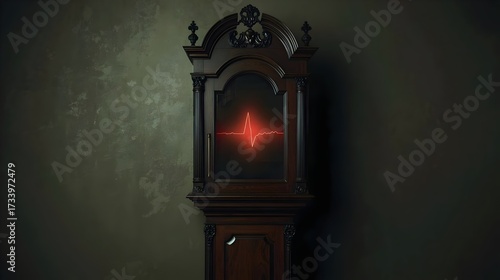 A vintage, highly ornate grandfather clock, its grand wooden casing dark and polished with subtle, gleaming highlights, stands in quiet contemplation.	
