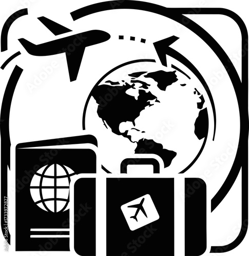 Travel icon with airplane flying around globe, suitcase, and passport symbol. Vacation world tour and tourism journey concept. Vector illustration
