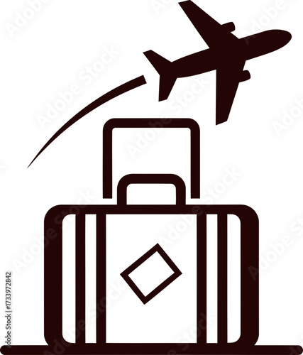 Airplane above travel luggage and vacation suitcase with arch trail outline icon. Flight tourism and journey concept. Simple vector illustration
