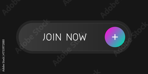 Modern CTA button with shine, "Join now" text, plus icon, 3D effect, web UI element for landing pages, mobile apps or banners.