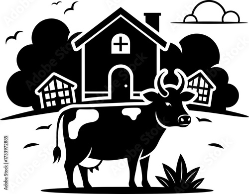 Rural landscape with a cow standing in front of a farm house. Cattle breeding and agriculture concept. Vector illustration for farm product label