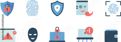 Digital security and cybercrime icons depicting protection and financial data threats
