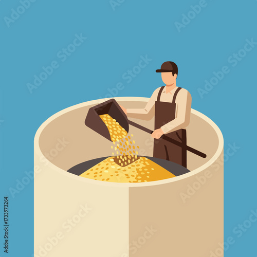 Worker pouring grain from scoop into large basin of grain