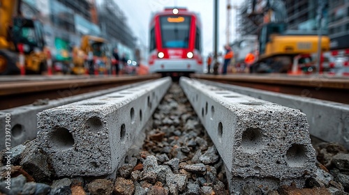 Modern train approaches construction site with heavy machinery and workers, signaling urban development and progress
