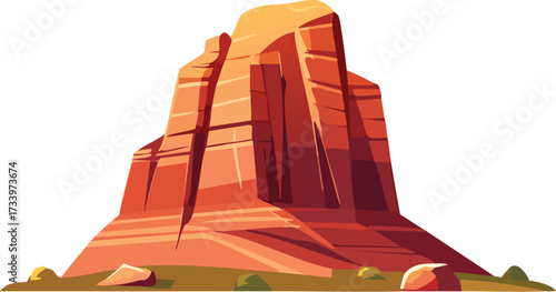 A vector illustration of a red rock butte or mesa, typical of desert landscapes like Arizona or Utah. A concept for travel and nature. Generative AI