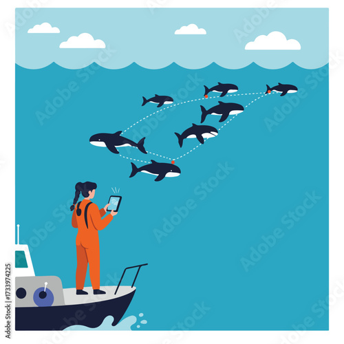 Person on boat monitors pod of orcas with tracking devices