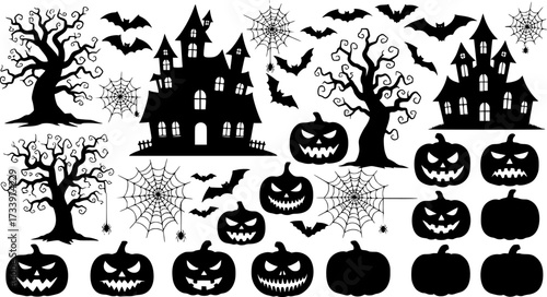 Halloween silhouette vector set featuring spooky trees, haunted houses, carved pumpkin faces, spider webs, bats, and pumpkin shapes. Ideal for Halloween party designs, banners, and decorations.