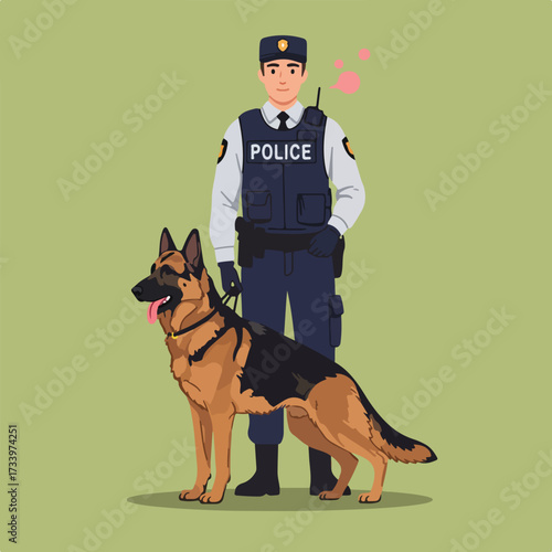 Officer with German Shepherd partner standing on green background