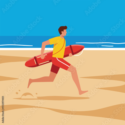 Male lifeguard in yellow shirt and red shorts runs with red rescue buoy on sandy beach