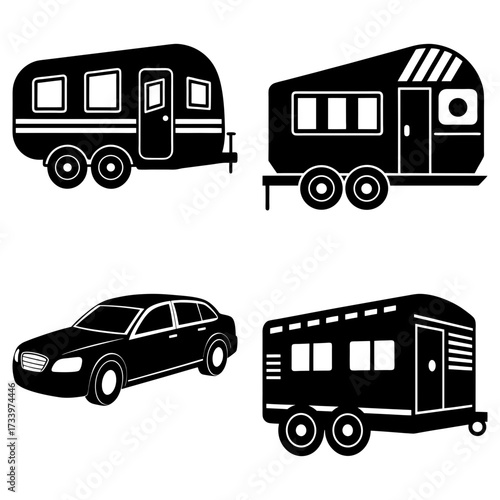 Illustration of four vehicles including two trailers, one caravan, and one car in black and white style