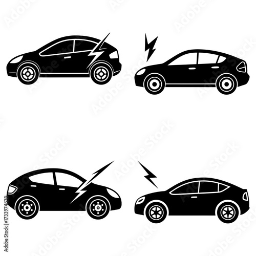 Four black car icons with lightning bolts indicating electrical issues or charging concept design illustration