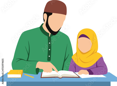 Muslim father in green and daughter in yellow hijab study together at a blue desk, emphasizing education, guidance, and family bonding