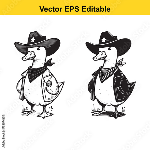 Two cowboy ducks wearing hats and bandanas, isolated on white background