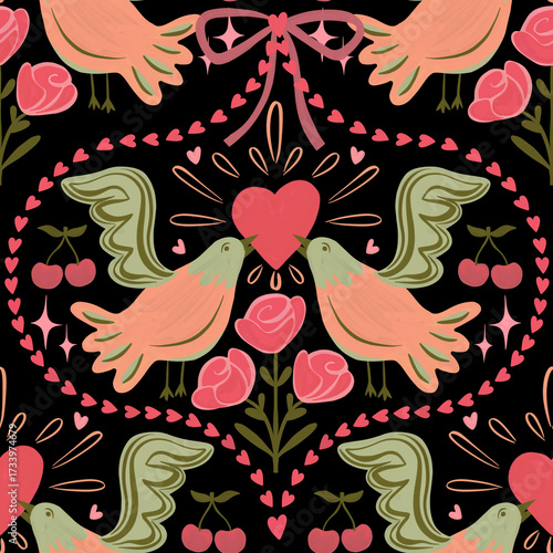 Seamless romantic pattern with doves, hearts, roses, cherries, bows. Playful folk-art style print. Perfect for Valentine’s Day, weddings, cards, invitations, wrapping paper, fabrics, packaging.