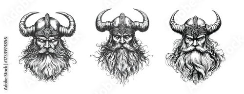 Three Viking Warriors with Horned Helmets Drawn in Detailed Ink