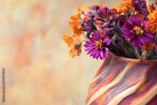 Wallpaper Mural A rustic patterned vase holds a vibrant bouquet of dried purple and orange flowers, creating a warm, autumnal display against a soft, blurred background. Torontodigital.ca