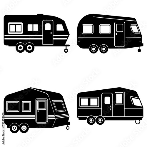 Four black and white caravan silhouettes with different designs arranged on a white background image