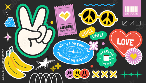Colorful sticker pack with retro Y2K vibes featuring peace sign, heart, banana, flowers and playful doodles in vibrant pop art style for 90s 2000s design projects festival graphics and trendy decorati