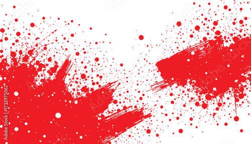 A high-contrast abstract composition featuring red ink splatters and brush strokes across a white canvas. Energetic, chaotic textures evoke creativity, street art vibes, and modern design