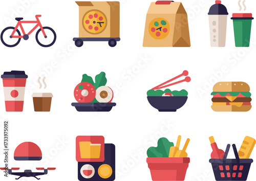 Flat icon set representing food delivery services and diverse cuisine options for online ordering