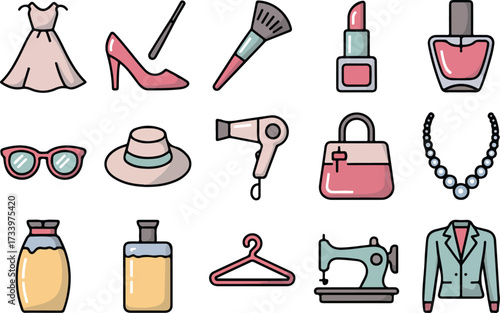 Fashion and beauty icons vector set featuring clothes cosmetics accessories in flat design