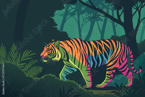 Elegant Tiger With Bold Neon Stripes Dense Forest Vec Creative Visual