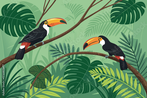 Toucans Tropical Branches Bold Wildlif Creative Visual Suitable for Design
