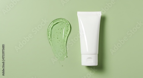 Green peeling aha bha gel swatch and tube on light green background