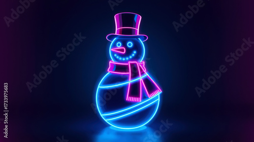 Glowing neon snowman with top hat and scarf on dark background