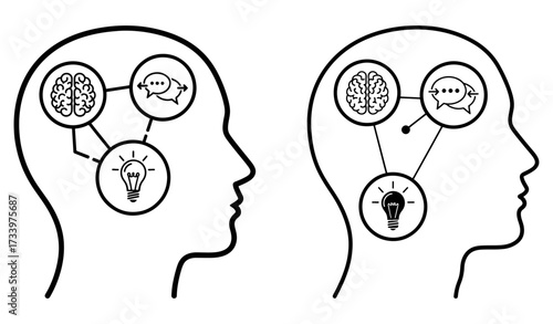 Vector art of head with brain, speech bubble, and light bulb, representing ideas and communication