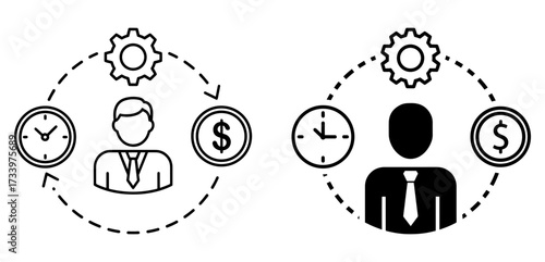 Vector art of time, person, money, and gear, representing productivity and efficiency