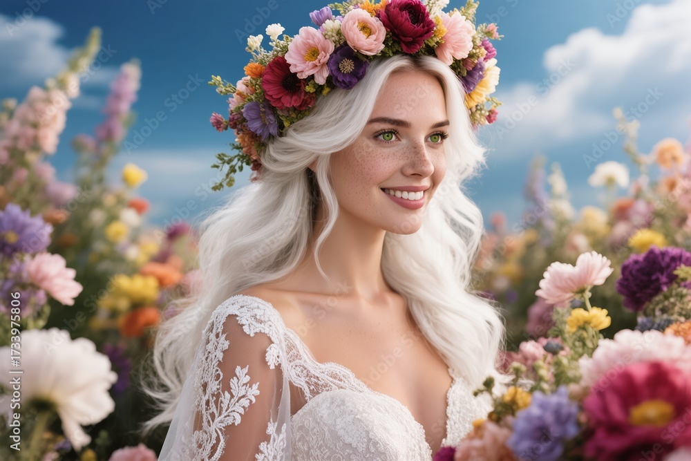 Obraz premium A stunningly beautiful bride adorned with a delicate floral crown, glowing cheerfully in a vibrant, lush flower field
