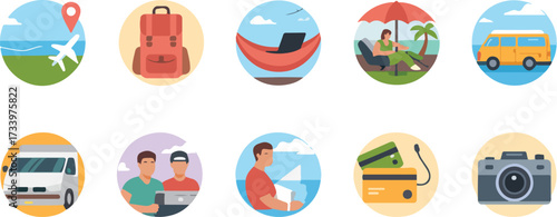Illustrated travel icons showcasing adventure activities and modern travel essentials and technologies