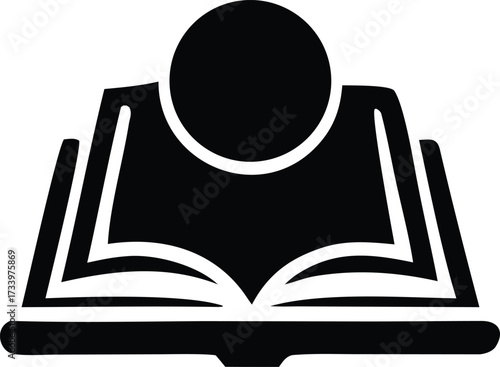 Icon representing knowledge discovery and learning with an open book and a circular figure symbolizing a person absorbing information and gaining insights
