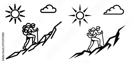 Vector art of stick figure hiking mountain with sun and cloud, adventure concept