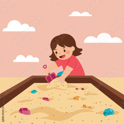A happy child digs in a sandbox with colorful gems and clouds in the background