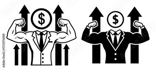Illustration of a businessman with dollar sign head showing muscles
