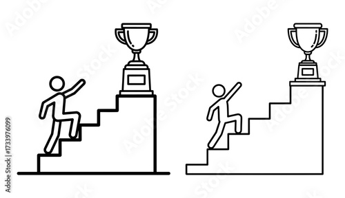 Vector art of stick figure climbing stairs to success, reaching the goal and winning the trophy