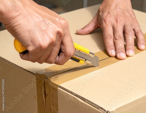 Wallpaper Mural Hands using a utility knife to open a cardboard box. Torontodigital.ca