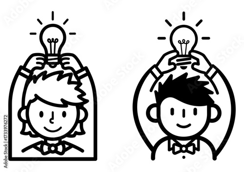 Vector art of boy with light bulb over head, creative idea and innovation concept