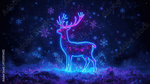 Enchanting neon reindeer silhouette with falling snowflakes