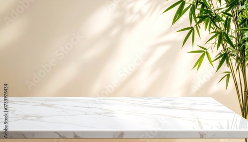 A light beige background, featuring a marble surface, complements a vibrant bamboo plant casting soft shadows.
