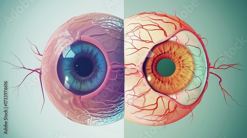 Diabetic Eye Disease Month. scientific illustration: healthy eye anatomy versus diabetic retinopathy affected eye, detailed internal structures, optic nerve, macula, blood vessels highlighted