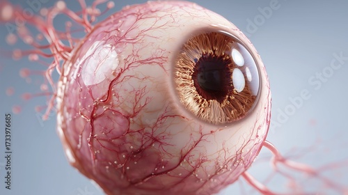 Diabetic Eye Disease Month. medical illustration of a human eye affected by diabetic retinopathy, showing damaged blood vessels, retinal bleeding, and microaneurysms