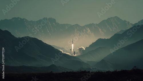 War missile launching amidst dramatic mountain landscape, symbolizing tension and economic crisis, with powerful light illuminating the scene and creating a stark contrast