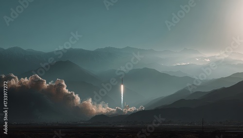War missile launching into the sky, surrounded by mountains and clouds, symbolizing conflict and economic crisis in a dramatic landscape with atmospheric lighting